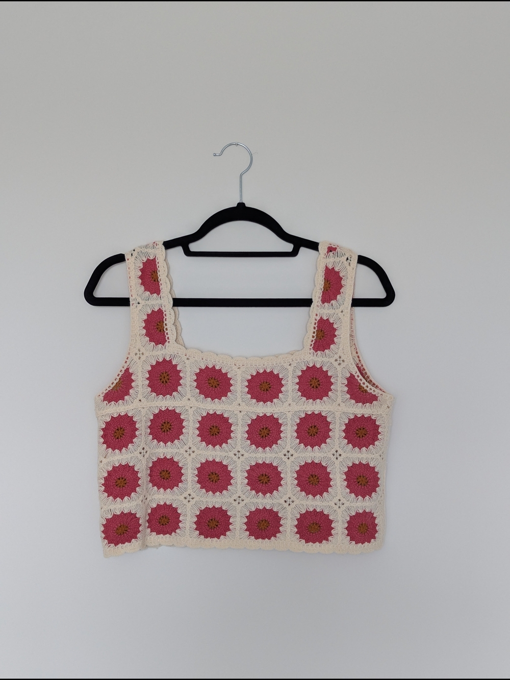 Crochet Floral Crop Top - Cream and Pink Festival Boho Cottagecore